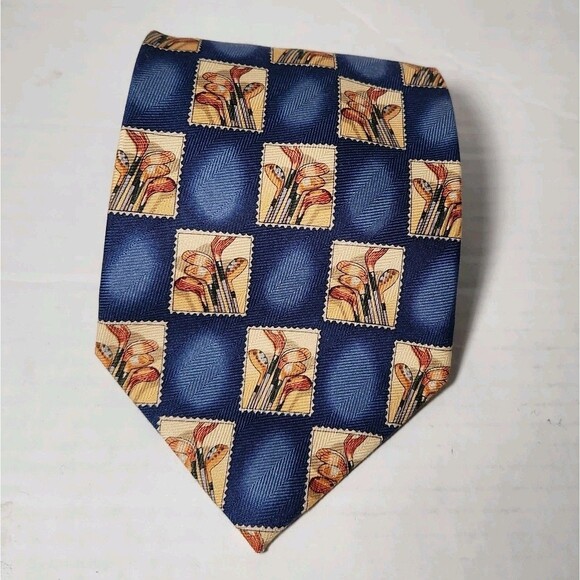 Tommy Bahama 100% Silk Hand Made Tie Wide 4" Golf Clubs Woods Blue Father's Day - Picture 1 of 5